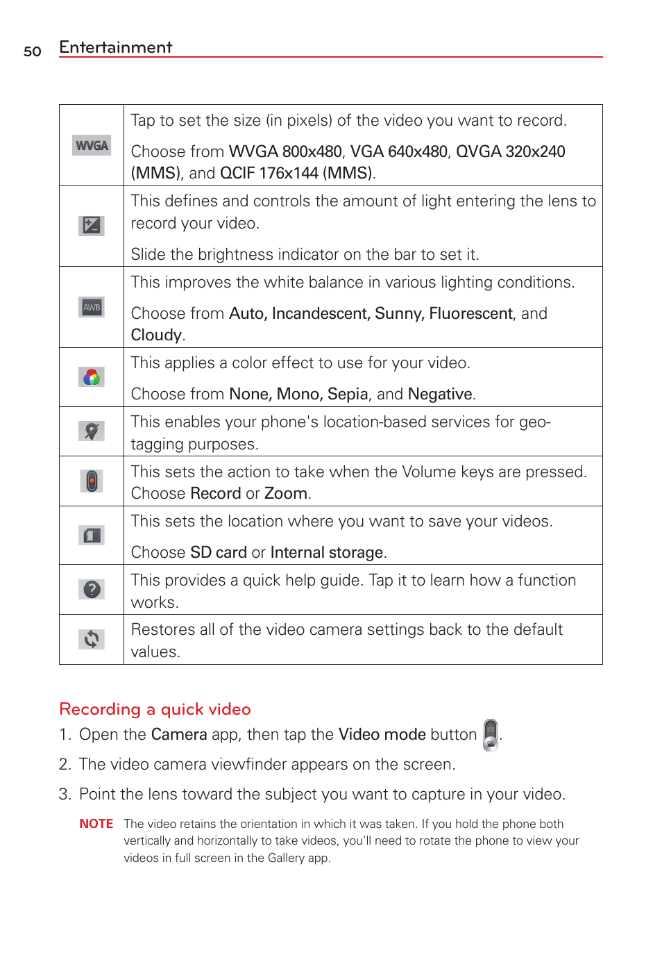 Entertainment, Recording a quick video | LG LGVS450PP User Manual | Page 52 / 133