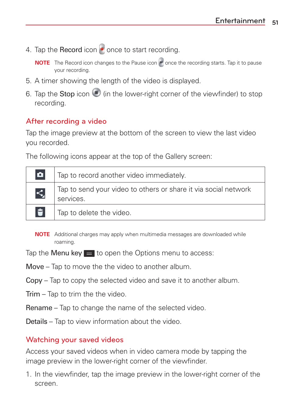 Entertainment, After recording a video, Watching your saved videos | LG LGVS450PP User Manual | Page 53 / 133