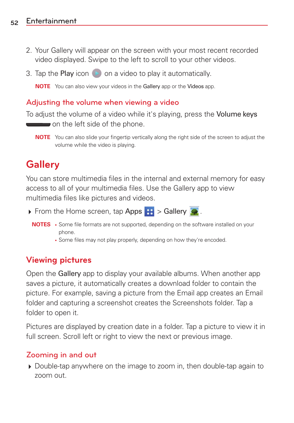 Gallery, Viewing pictures, Entertainment | Adjusting the volume when viewing a video, Zooming in and out | LG LGVS450PP User Manual | Page 54 / 133