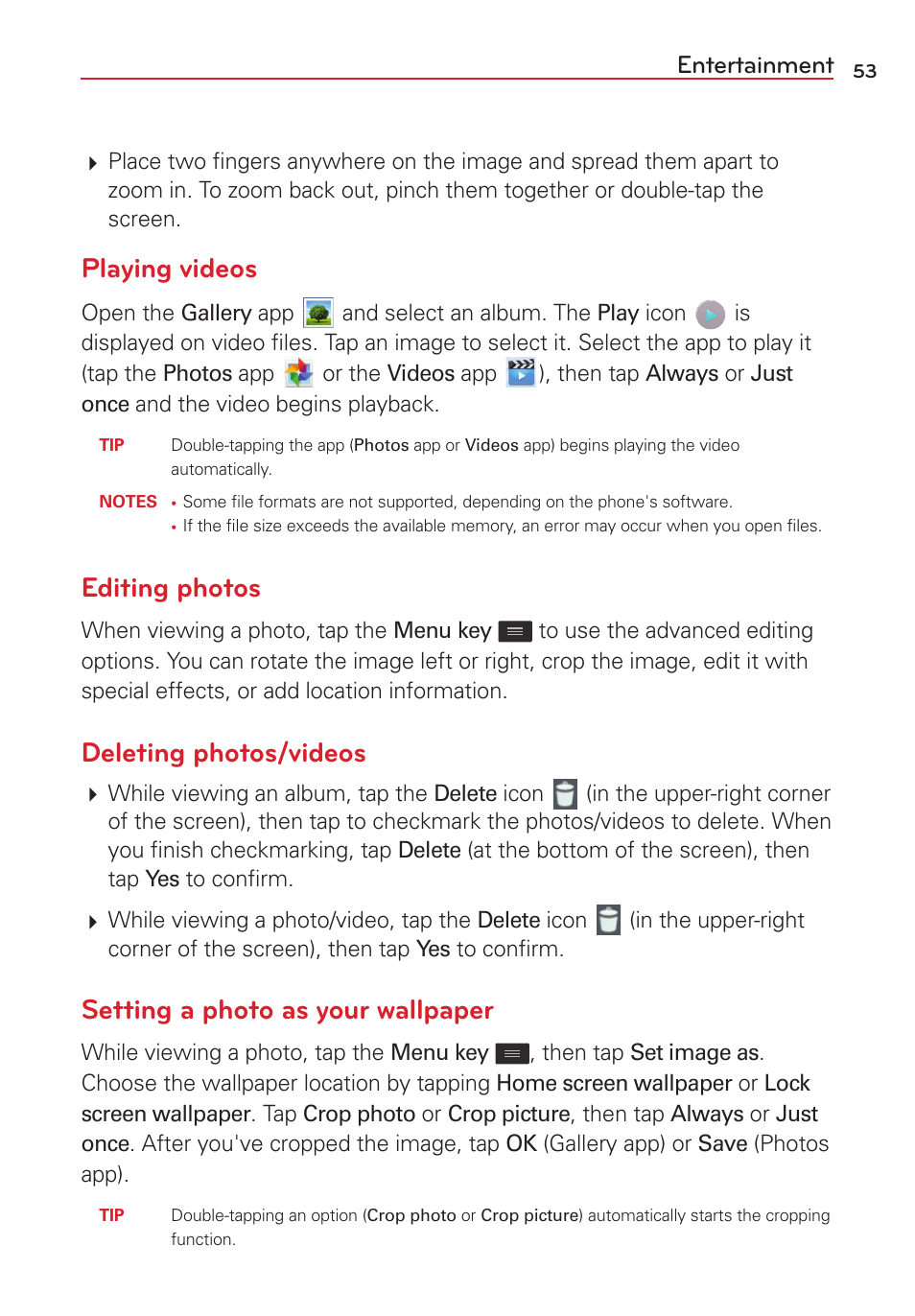 Playing videos, Editing photos, Deleting photos/videos | Setting a photo as your wallpaper, Entertainment | LG LGVS450PP User Manual | Page 55 / 133