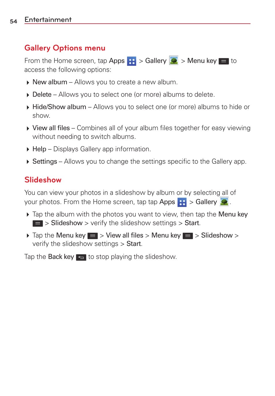 Gallery options menu, Slideshow | LG LGVS450PP User Manual | Page 56 / 133