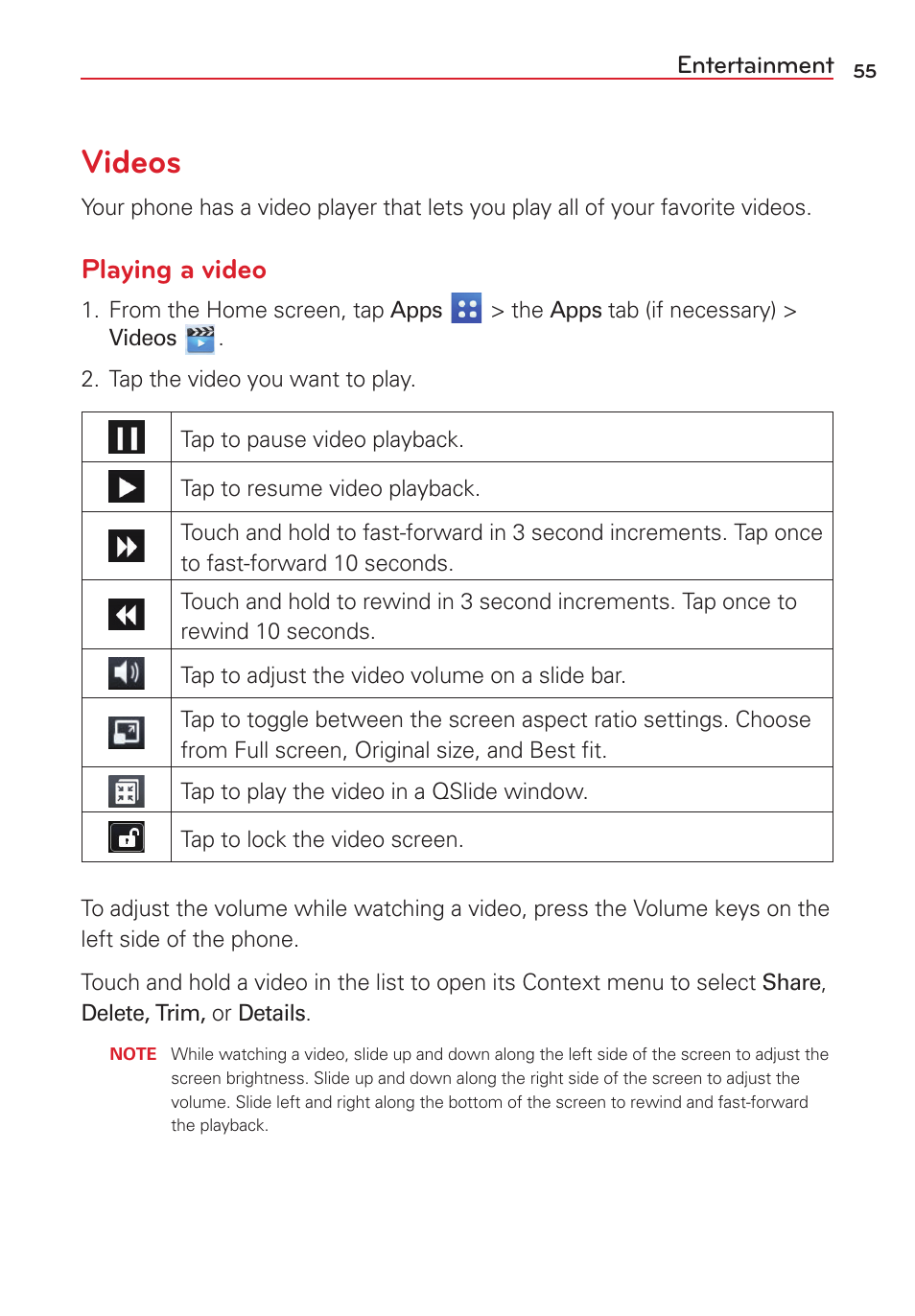 Videos, Playing a video | LG LGVS450PP User Manual | Page 57 / 133