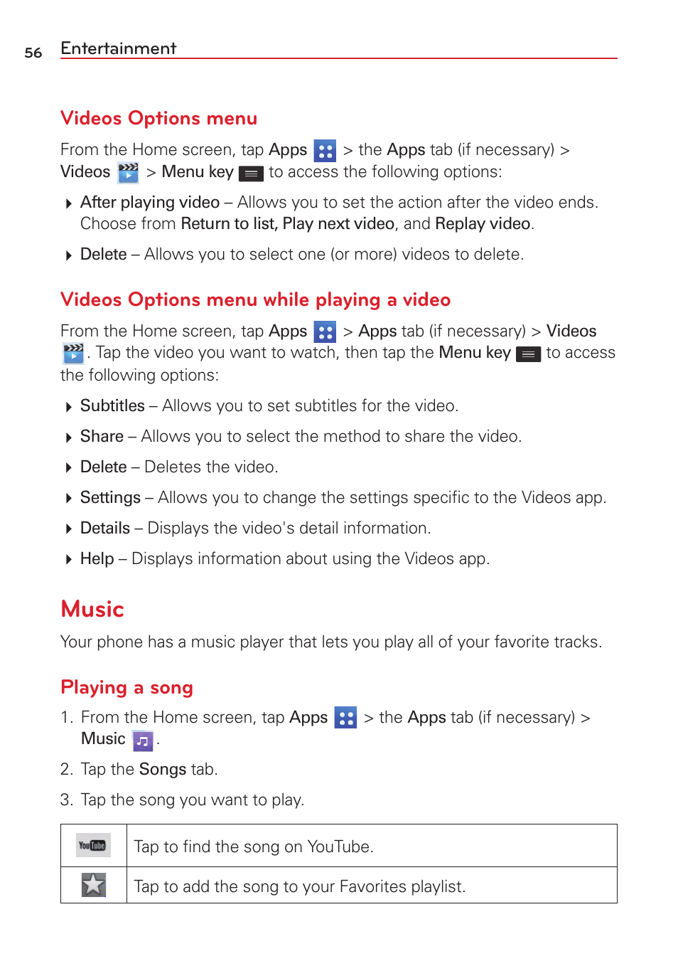 Music, Videos options menu, Videos options menu while playing a video | Playing a song | LG LGVS450PP User Manual | Page 58 / 133