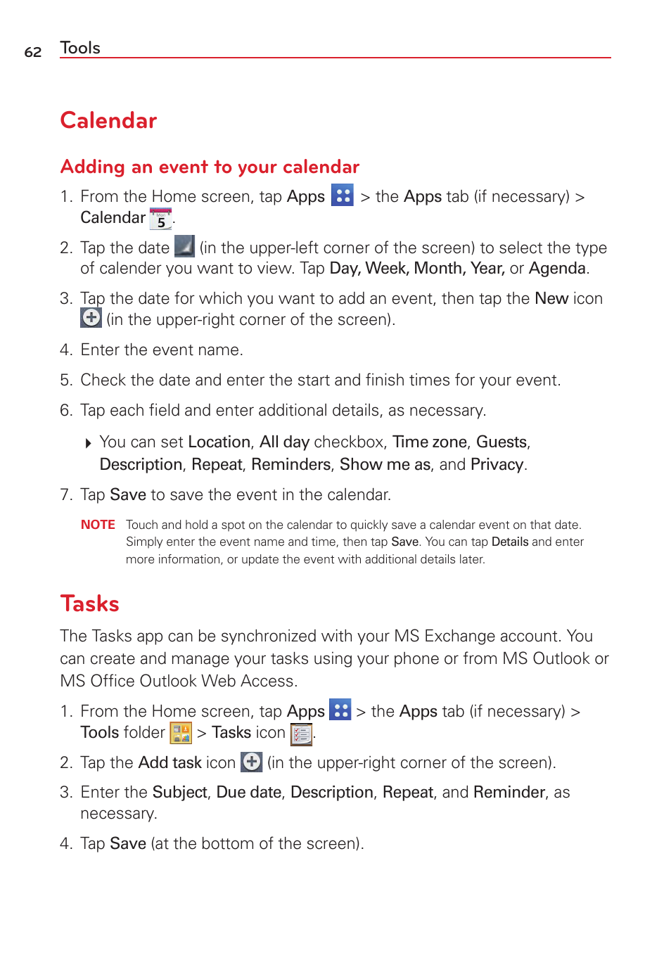 Calendar, Tasks, Calendar tasks | Adding an event to your calendar | LG LGVS450PP User Manual | Page 64 / 133