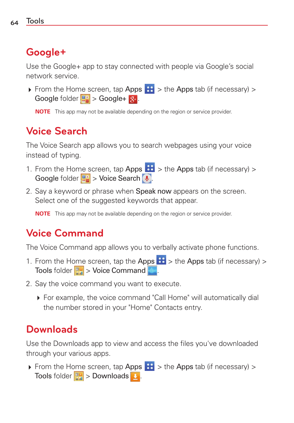 Google, Voice search, Voice command | Downloads, Google+ voice search voice command downloads | LG LGVS450PP User Manual | Page 66 / 133