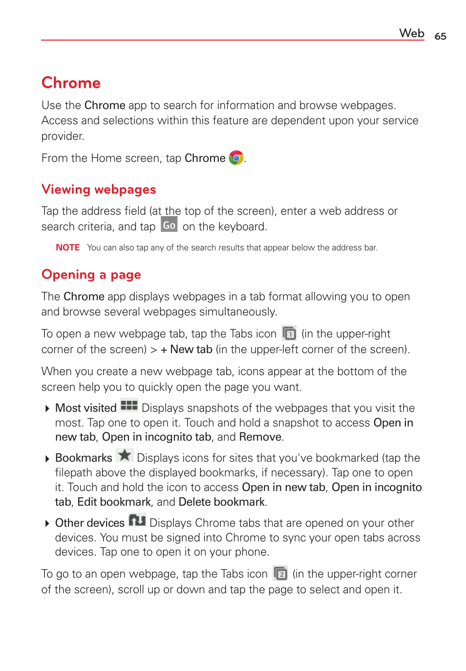 Chrome, Viewing webpages, Opening a page | LG LGVS450PP User Manual | Page 67 / 133