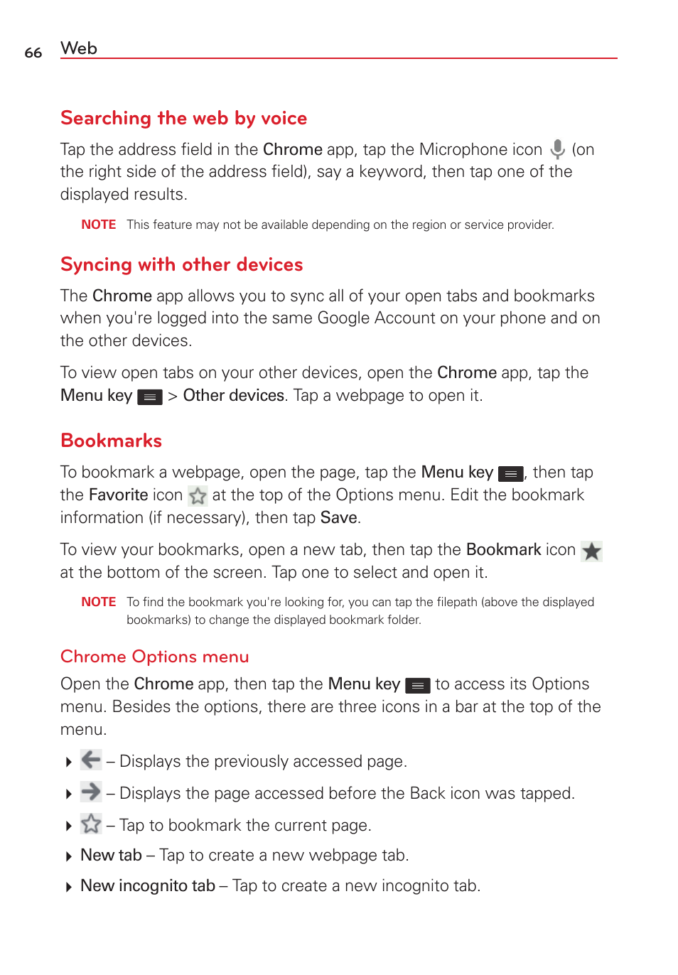 Searching the web by voice, Syncing with other devices, Bookmarks | LG LGVS450PP User Manual | Page 68 / 133