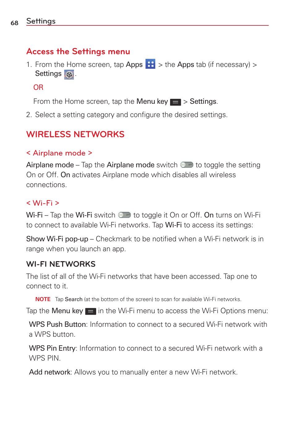 Settings, Access the settings menu, Wireless networks | LG LGVS450PP User Manual | Page 70 / 133