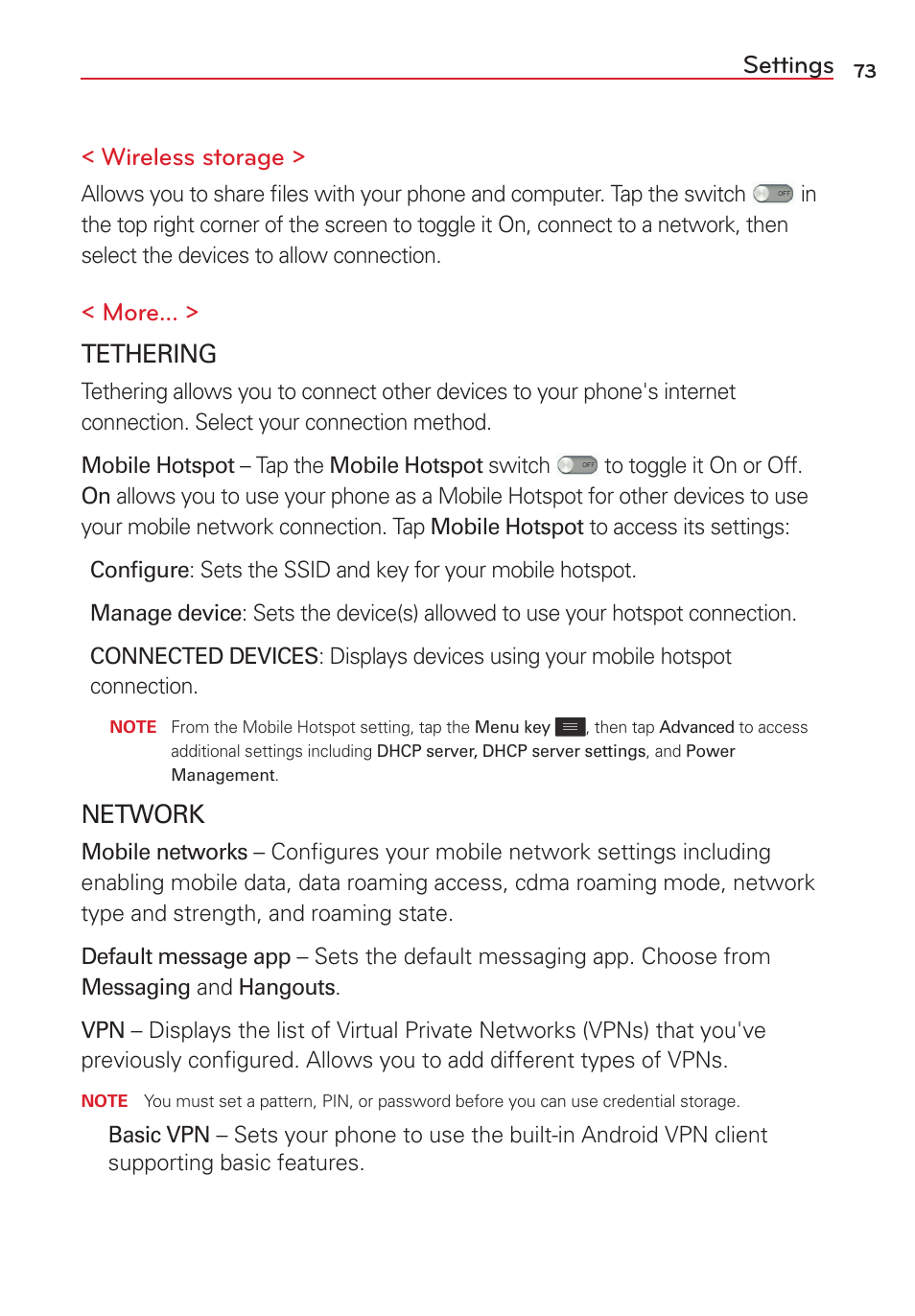 Settings < wireless storage, More... > tethering, Network | LG LGVS450PP User Manual | Page 75 / 133