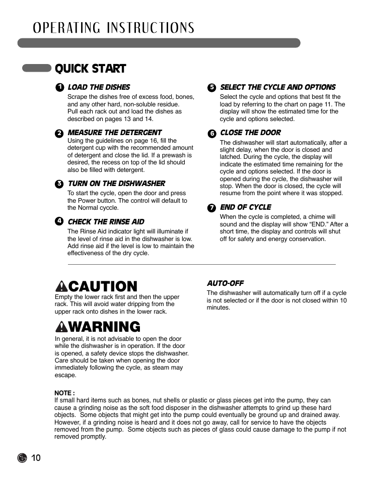 Caution, Warning, Quick start | LG LDF7932BB User Manual | Page 10 / 72