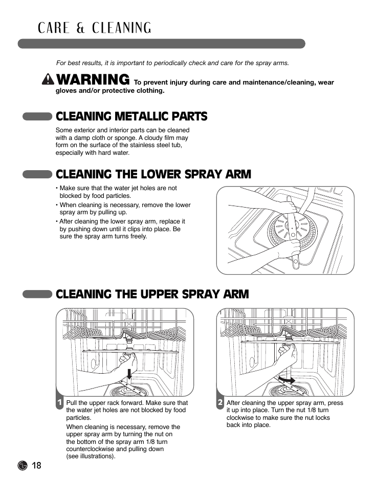 Warning, Cleaning metallic parts, Cleaning the lower spray arm | Cleaning the upper spray arm | LG LDF7932BB User Manual | Page 18 / 72