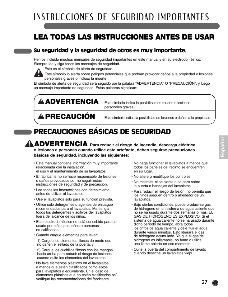 Lea todas las instrucciones antes de usar, Advertencia, Precauciones básicas de seguridad advertencia | Precaución | LG LDF7932BB User Manual | Page 27 / 72