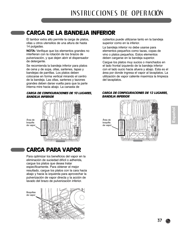 Carga de la bandeja inferior, Carga para vapor | LG LDF7932BB User Manual | Page 37 / 72