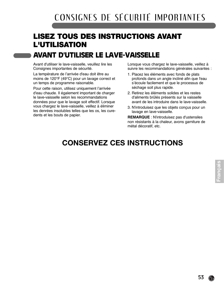 Lisez tous des instructions avant l'utilisation, Conservez ces instructions, Avant d'utiliser le lave-vaisselle | LG LDF7932BB User Manual | Page 53 / 72