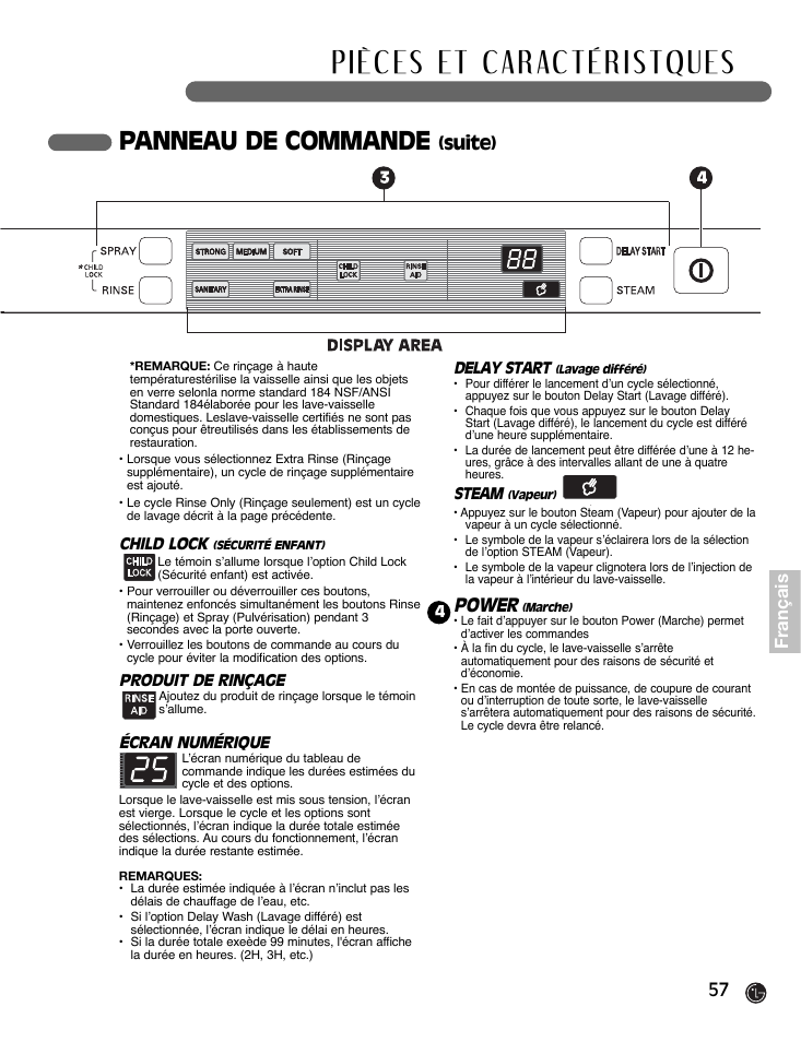 Panneau de commande, Power, 57 français | Suite) | LG LDF7932BB User Manual | Page 57 / 72