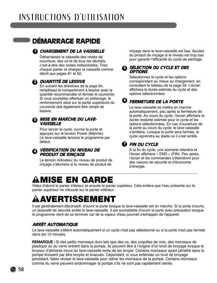 Mise en garde, Avertissement, Démarrage rapide | LG LDF7932BB User Manual | Page 58 / 72