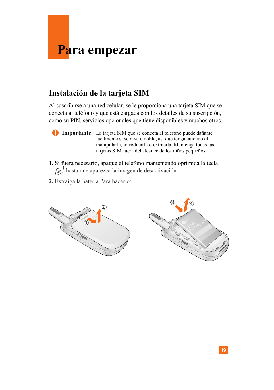 Para empezar, Instalación de la tarjeta sim | LG A7110 User Manual | Page 147 / 262