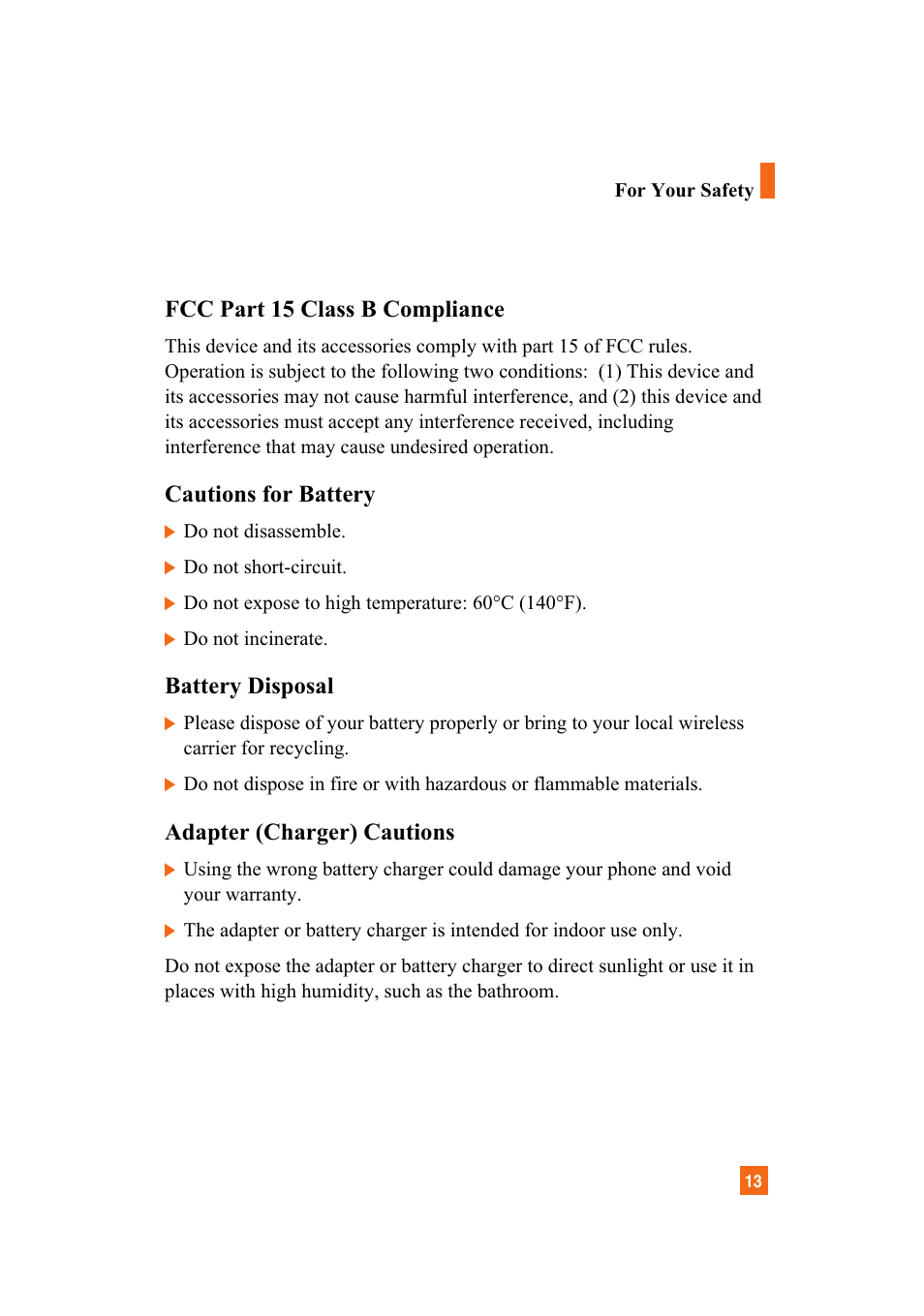 Fcc part 15 class b compliance, Cautions for battery, Battery disposal | Adapter (charger) cautions | LG A7110 User Manual | Page 15 / 262