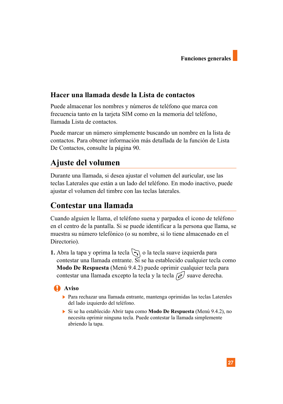 Ajuste del volumen, Contestar una llamada, Hacer una llamada desde la lista de contactos | LG A7110 User Manual | Page 155 / 262