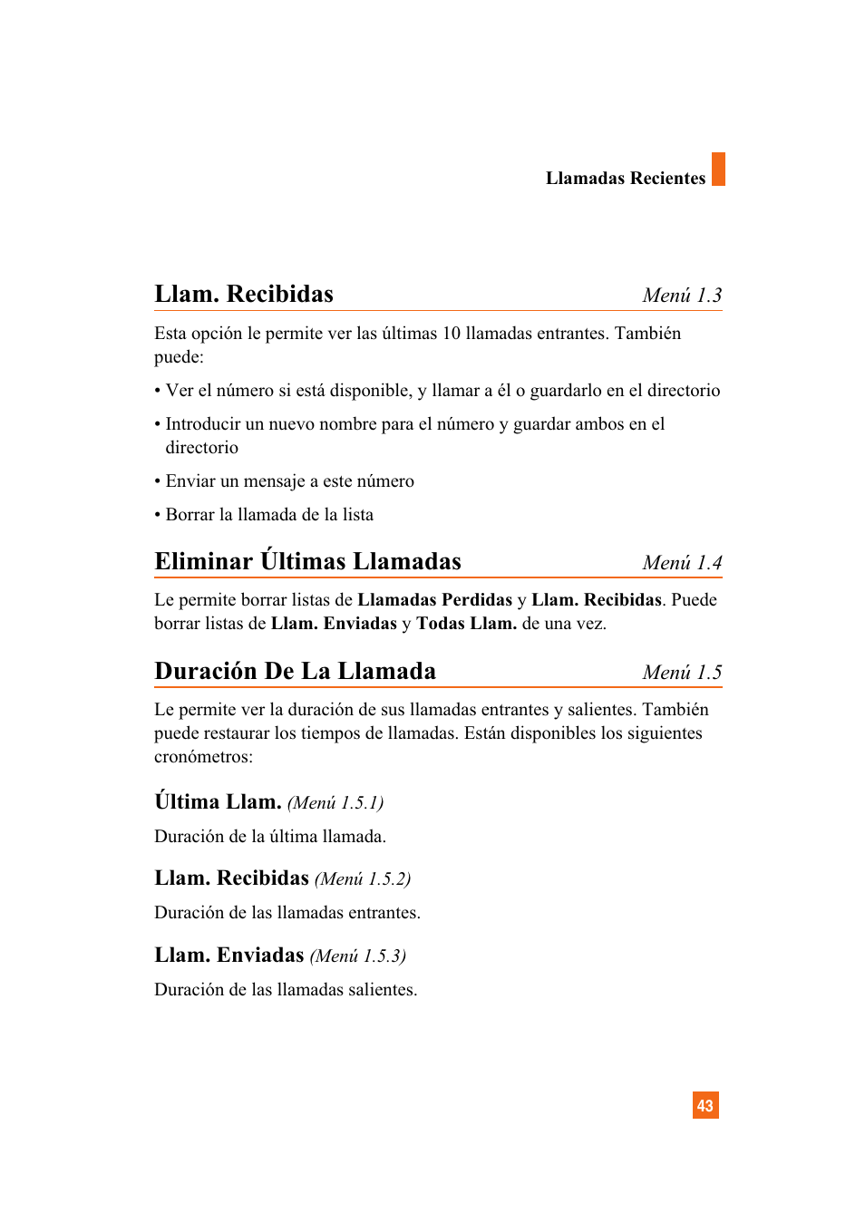 Llam. recibidas, Eliminar últimas llamadas, Duración de la llamada | LG A7110 User Manual | Page 171 / 262