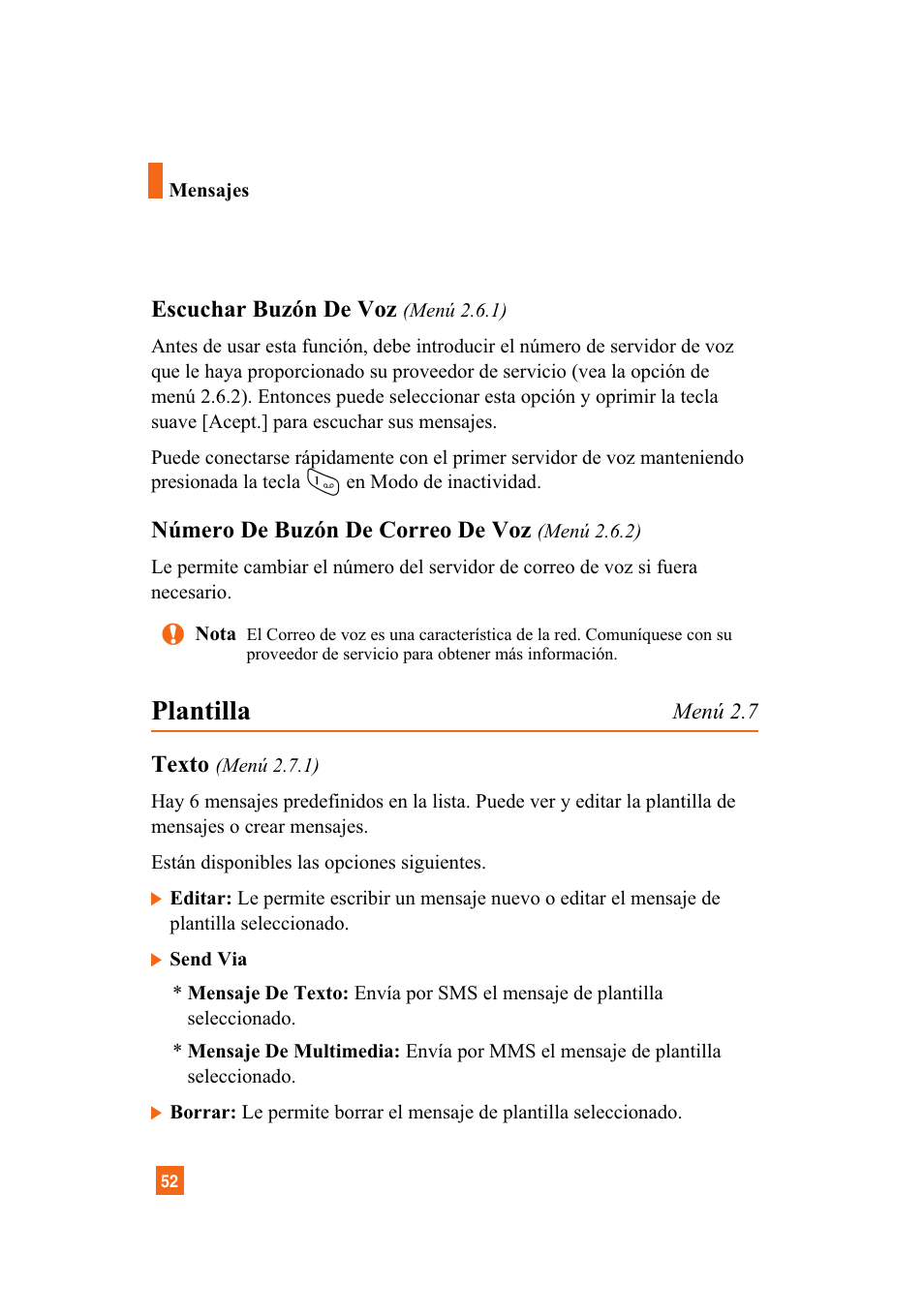 Plantilla, Escuchar buzón de voz, Número de buzón de correo de voz | Texto | LG A7110 User Manual | Page 180 / 262