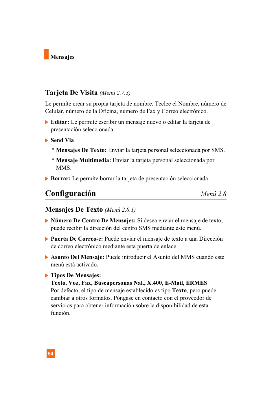 Configuración, Tarjeta de visita, Mensajes de texto | LG A7110 User Manual | Page 182 / 262