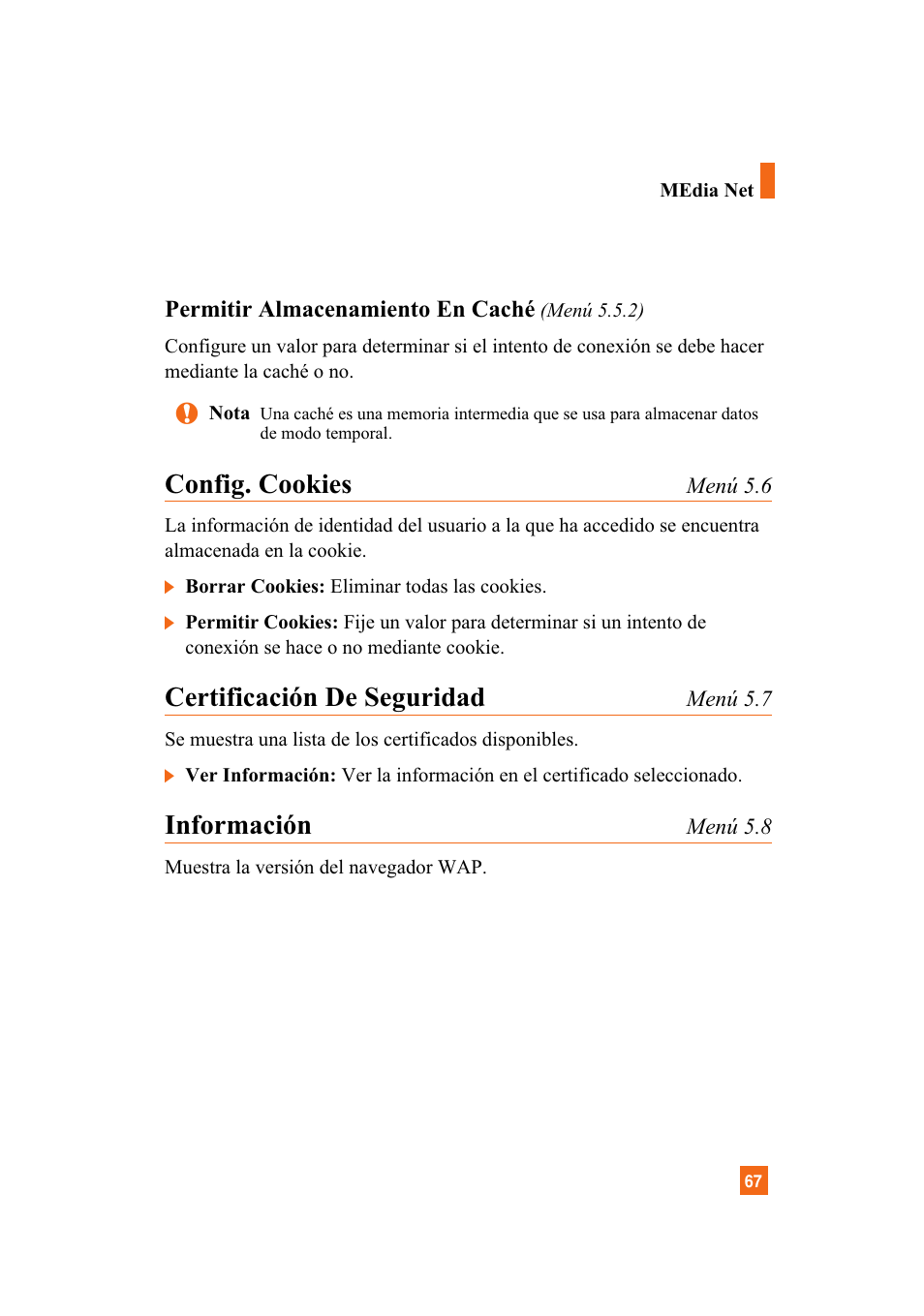 Config. cookies, Certificación de seguridad, Información | LG A7110 User Manual | Page 195 / 262