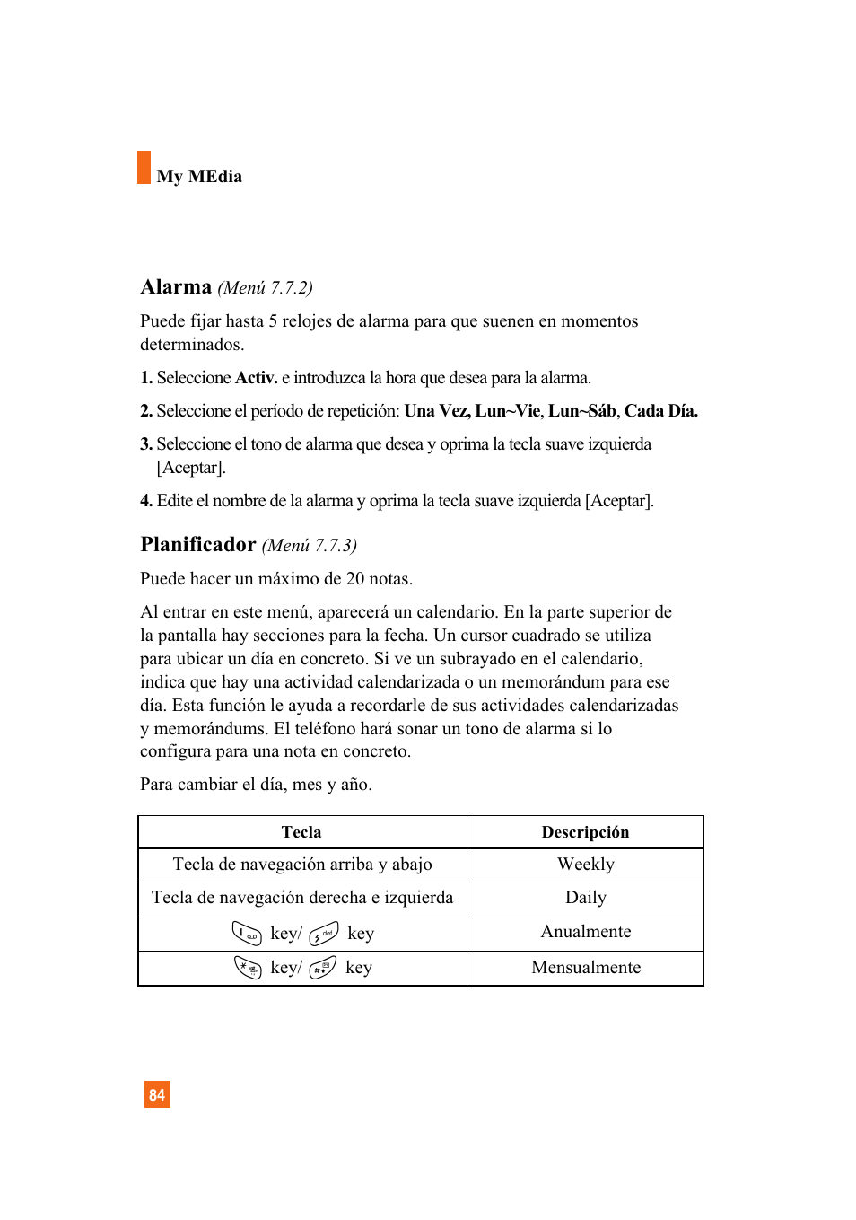 Alarma, Planificador | LG A7110 User Manual | Page 212 / 262