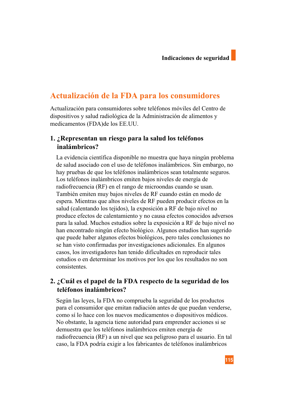 Actualización de la fda para los consumidores | LG A7110 User Manual | Page 243 / 262