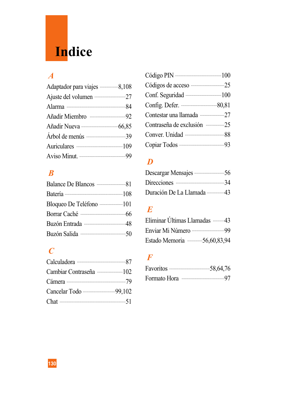 Indice | LG A7110 User Manual | Page 258 / 262