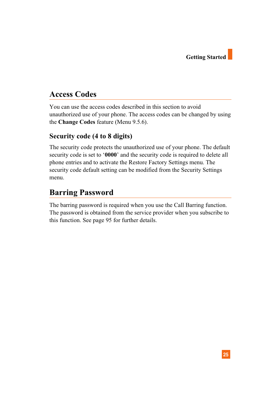 Access codes, Barring password | LG A7110 User Manual | Page 27 / 262