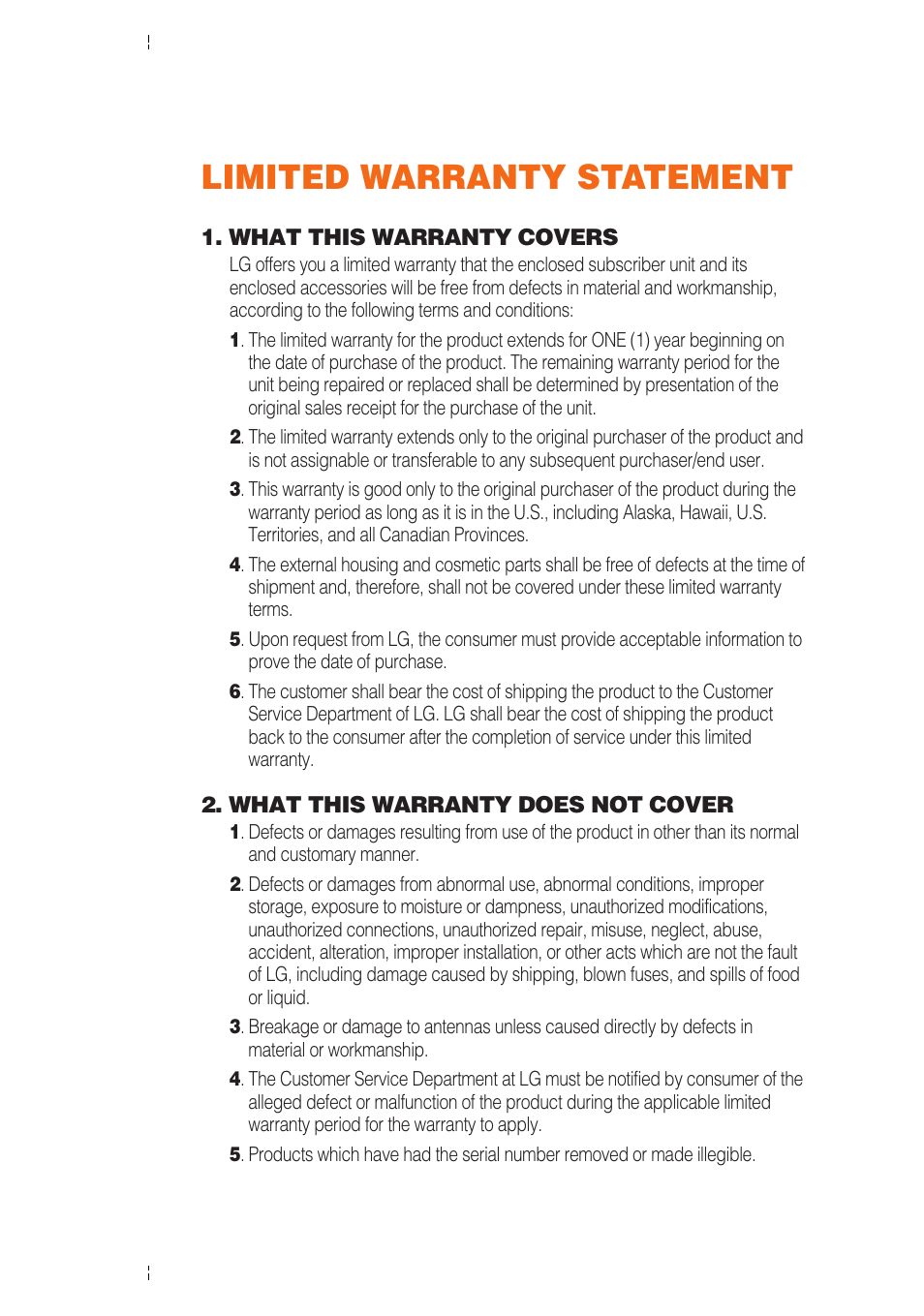 Limited warranty statement | LG A7110 User Manual | Page 3 / 262