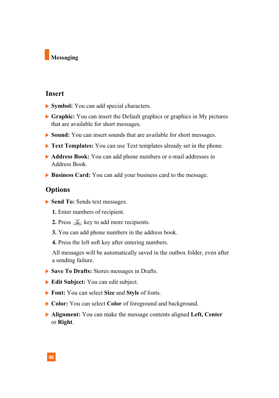 Insert, Options | LG A7110 User Manual | Page 48 / 262