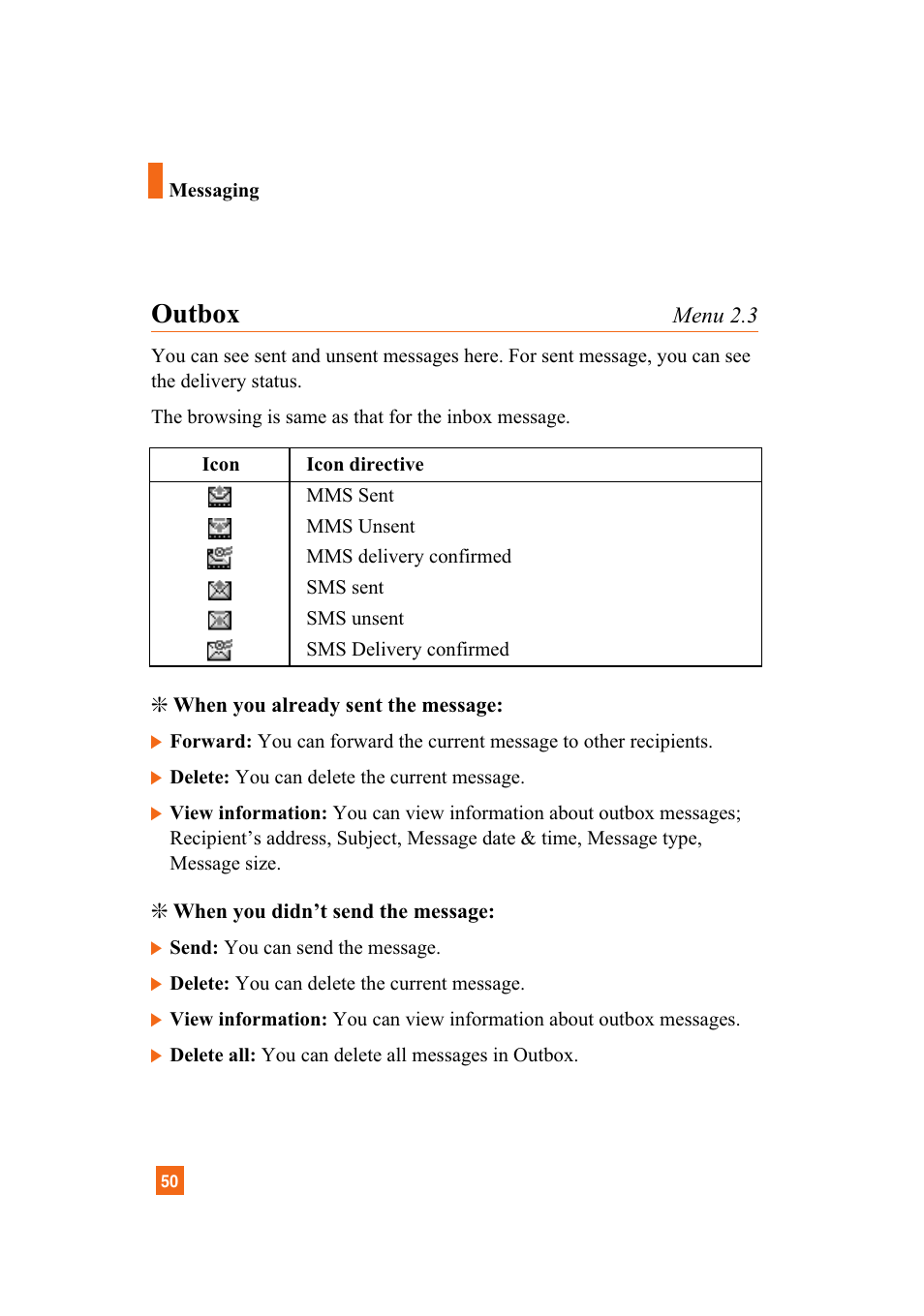 Outbox | LG A7110 User Manual | Page 52 / 262