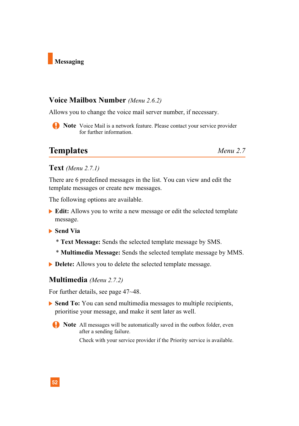 Templates, Voice mailbox number, Text | Multimedia | LG A7110 User Manual | Page 54 / 262