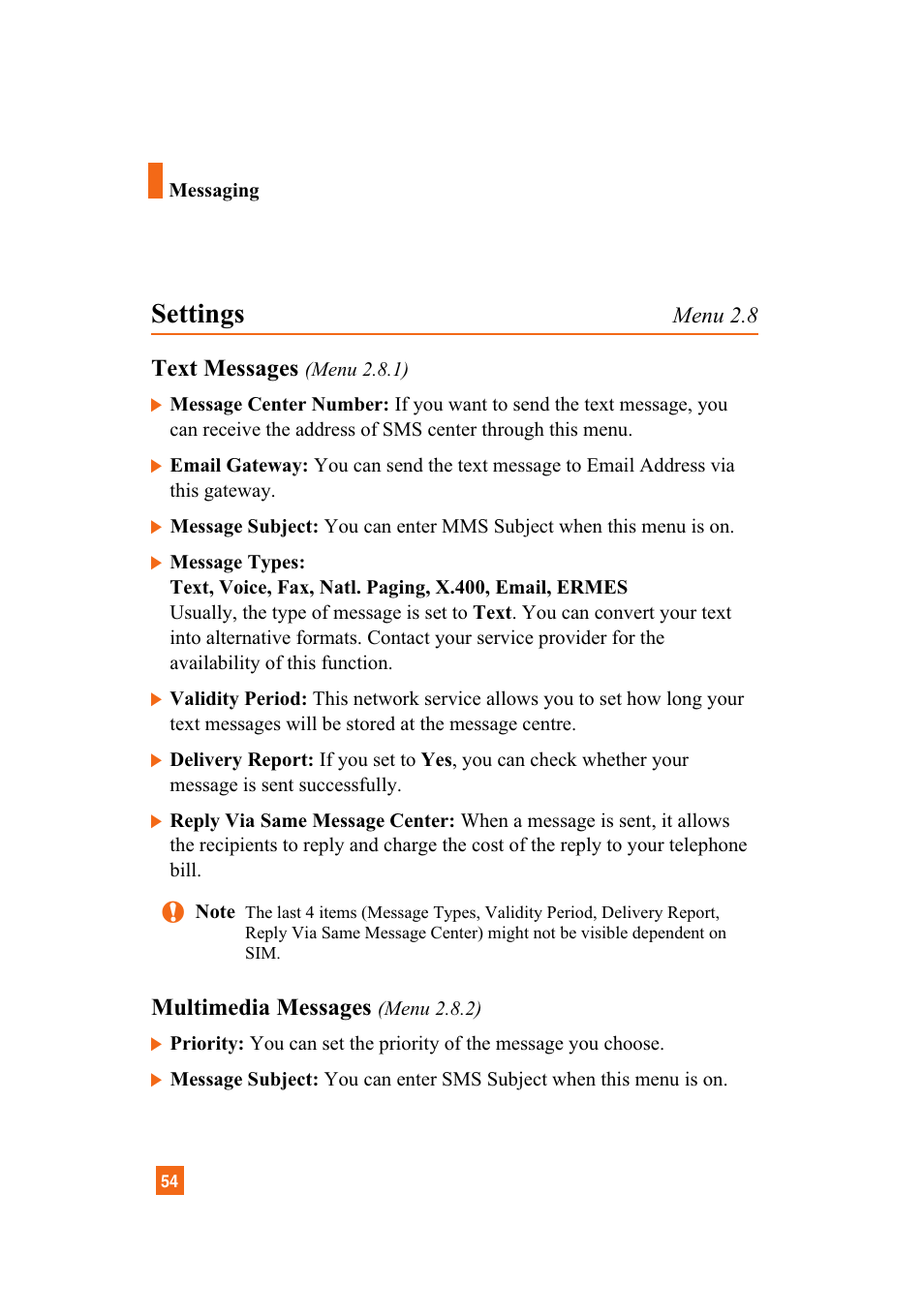 Settings, Text messages, Multimedia messages | LG A7110 User Manual | Page 56 / 262