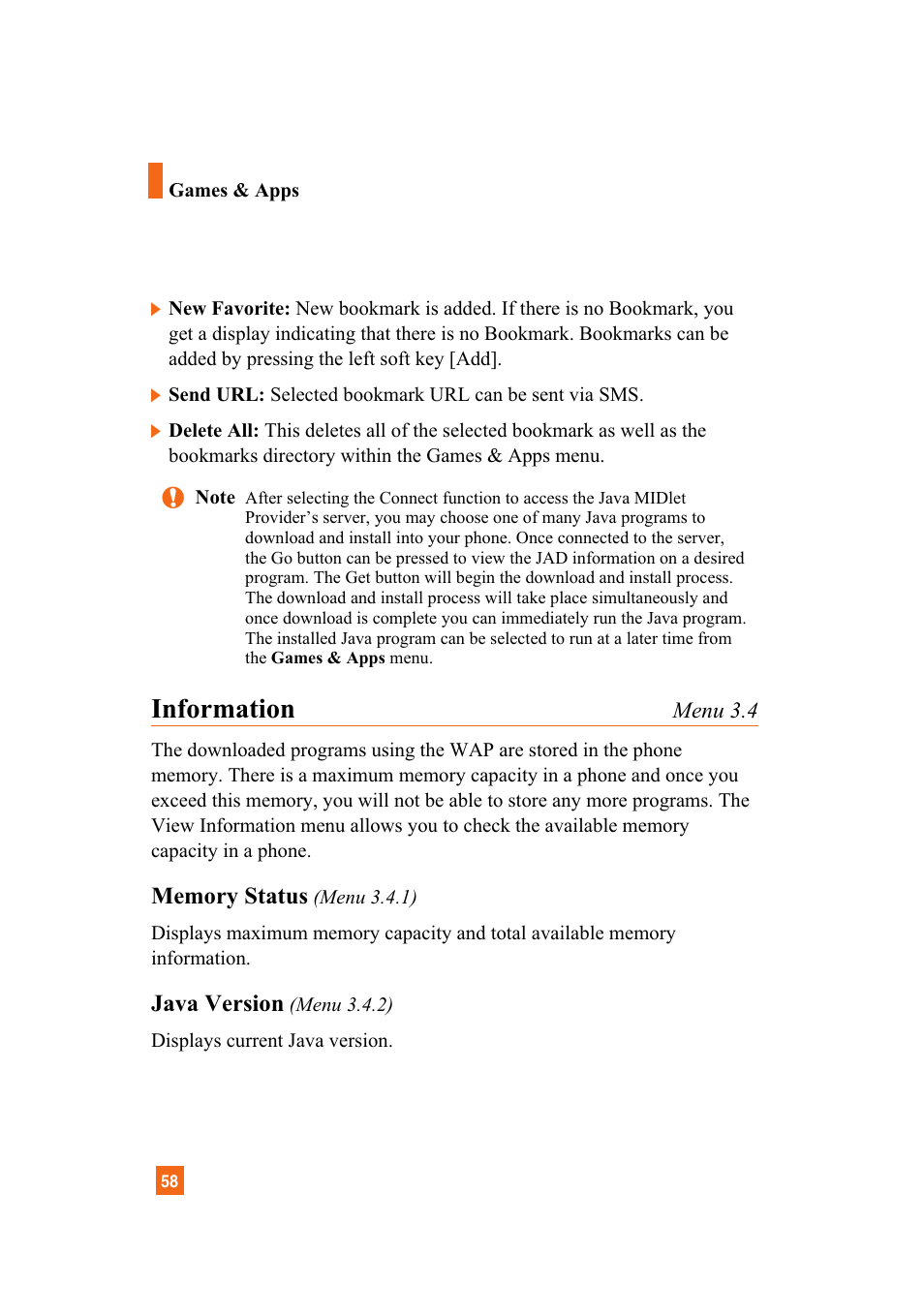 Information, Java version | LG A7110 User Manual | Page 60 / 262