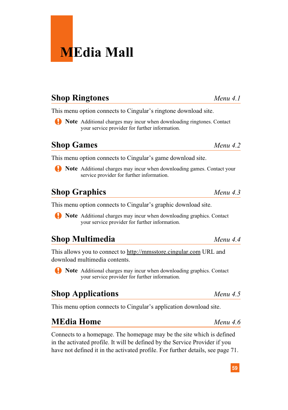 Media mall, Shop ringtones, Shop games | Shop graphics, Shop multimedia, Shop applications, Media home | LG A7110 User Manual | Page 61 / 262