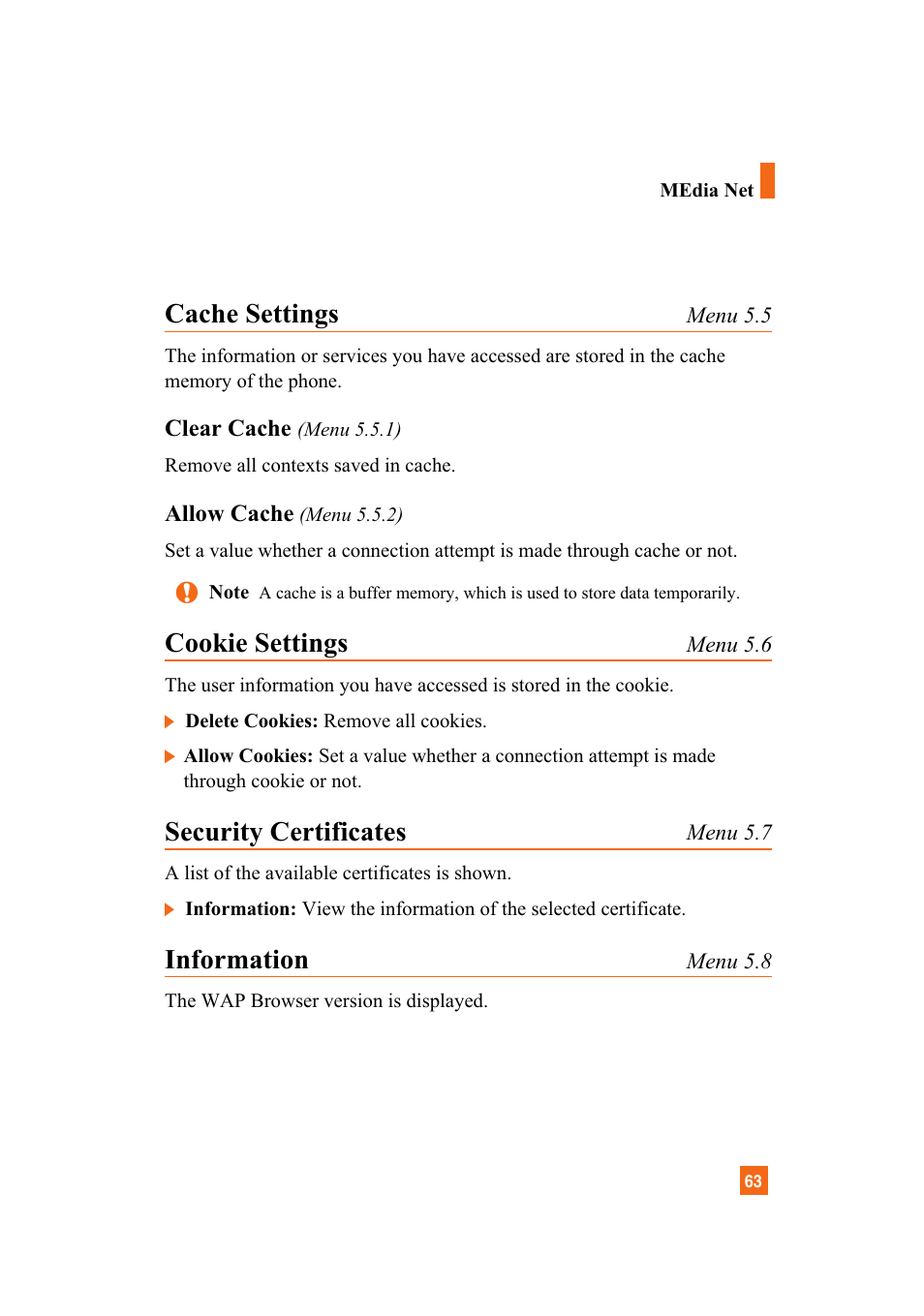 Cache settings, Cookie settings, Security certificates | Information | LG A7110 User Manual | Page 65 / 262