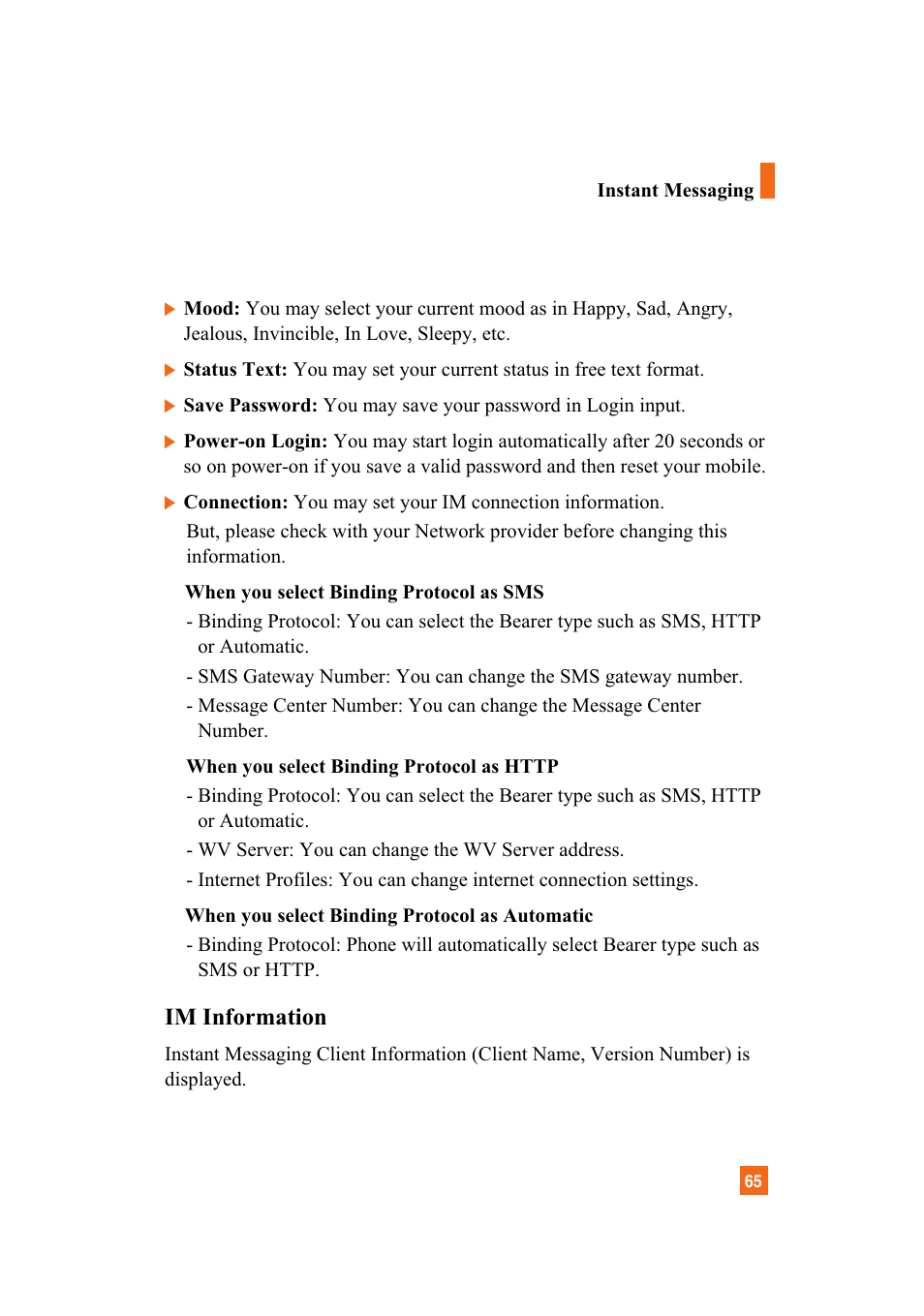 Im information | LG A7110 User Manual | Page 67 / 262