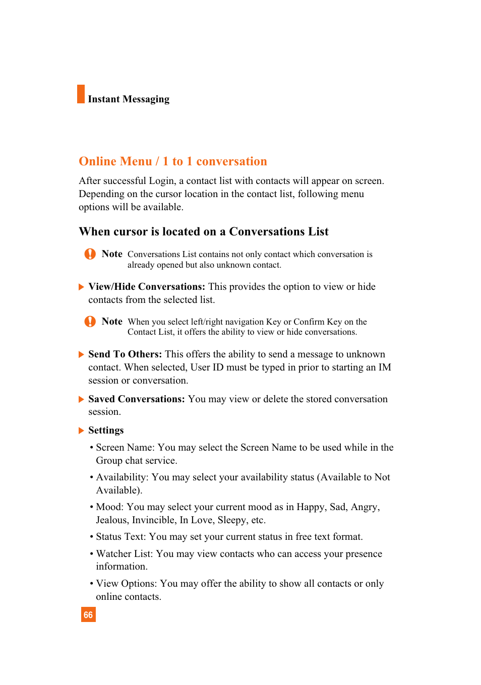 Online menu / 1 to 1 conversation, When cursor is located on a conversations list | LG A7110 User Manual | Page 68 / 262