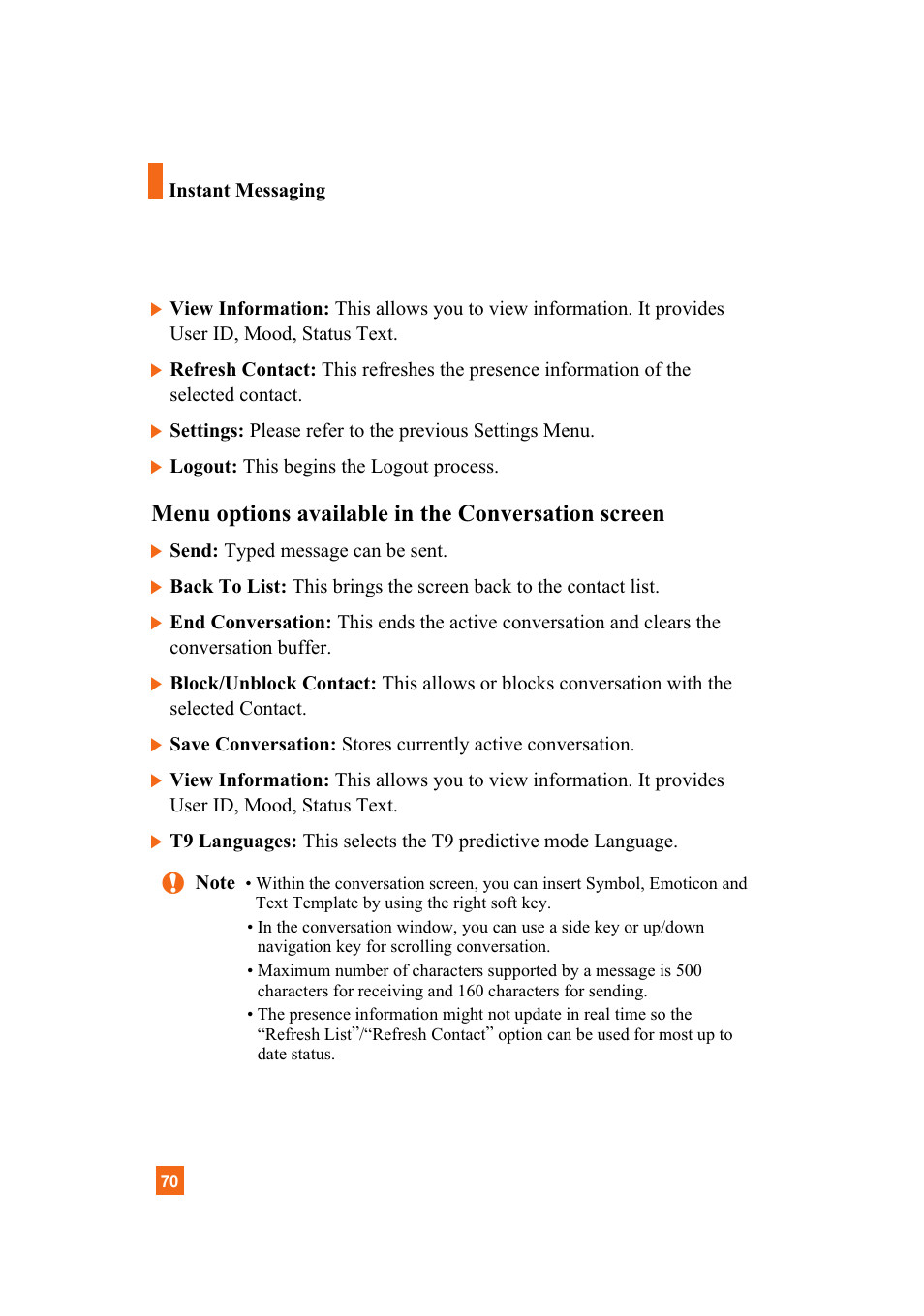 Menu options available in the conversation screen | LG A7110 User Manual | Page 72 / 262