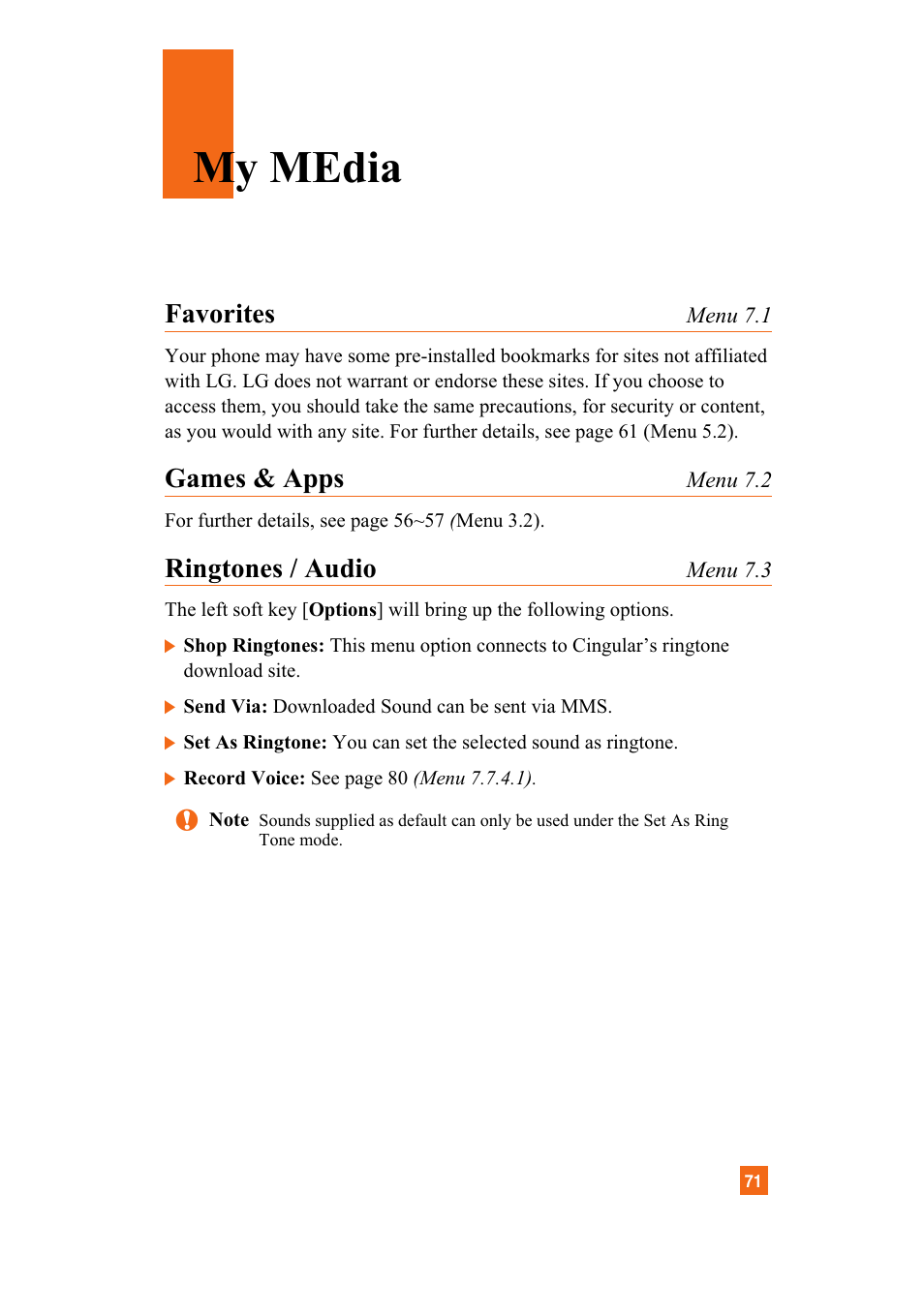 My media, Favorites, Games & apps | Ringtones / audio | LG A7110 User Manual | Page 73 / 262