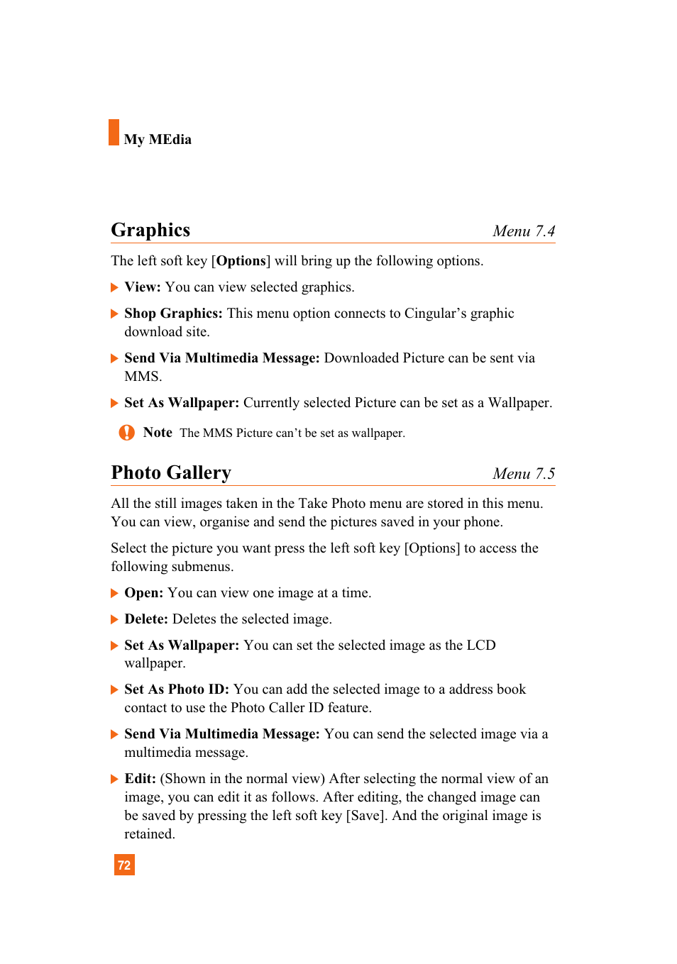 Graphics, Photo gallery | LG A7110 User Manual | Page 74 / 262