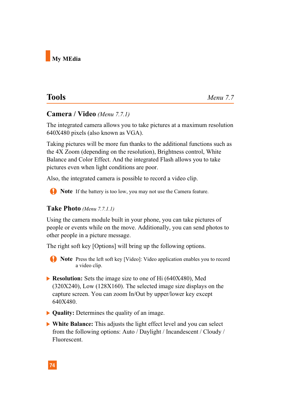 Tools, Camera / video | LG A7110 User Manual | Page 76 / 262