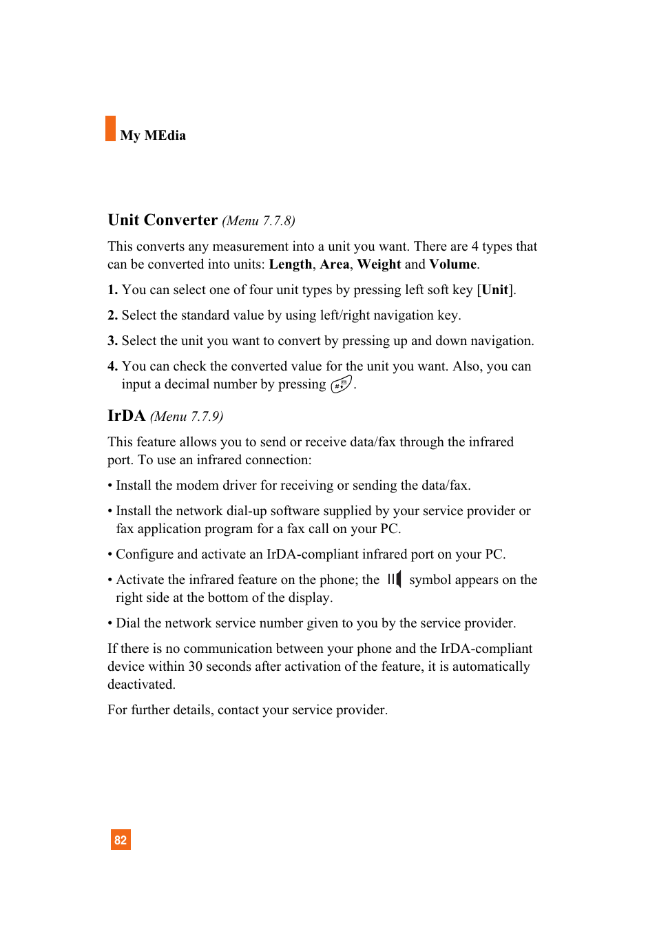Unit converter, Irda | LG A7110 User Manual | Page 84 / 262