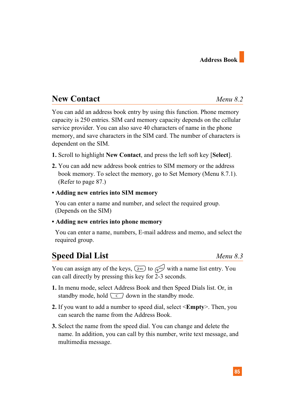 New contact, Speed dial list | LG A7110 User Manual | Page 87 / 262