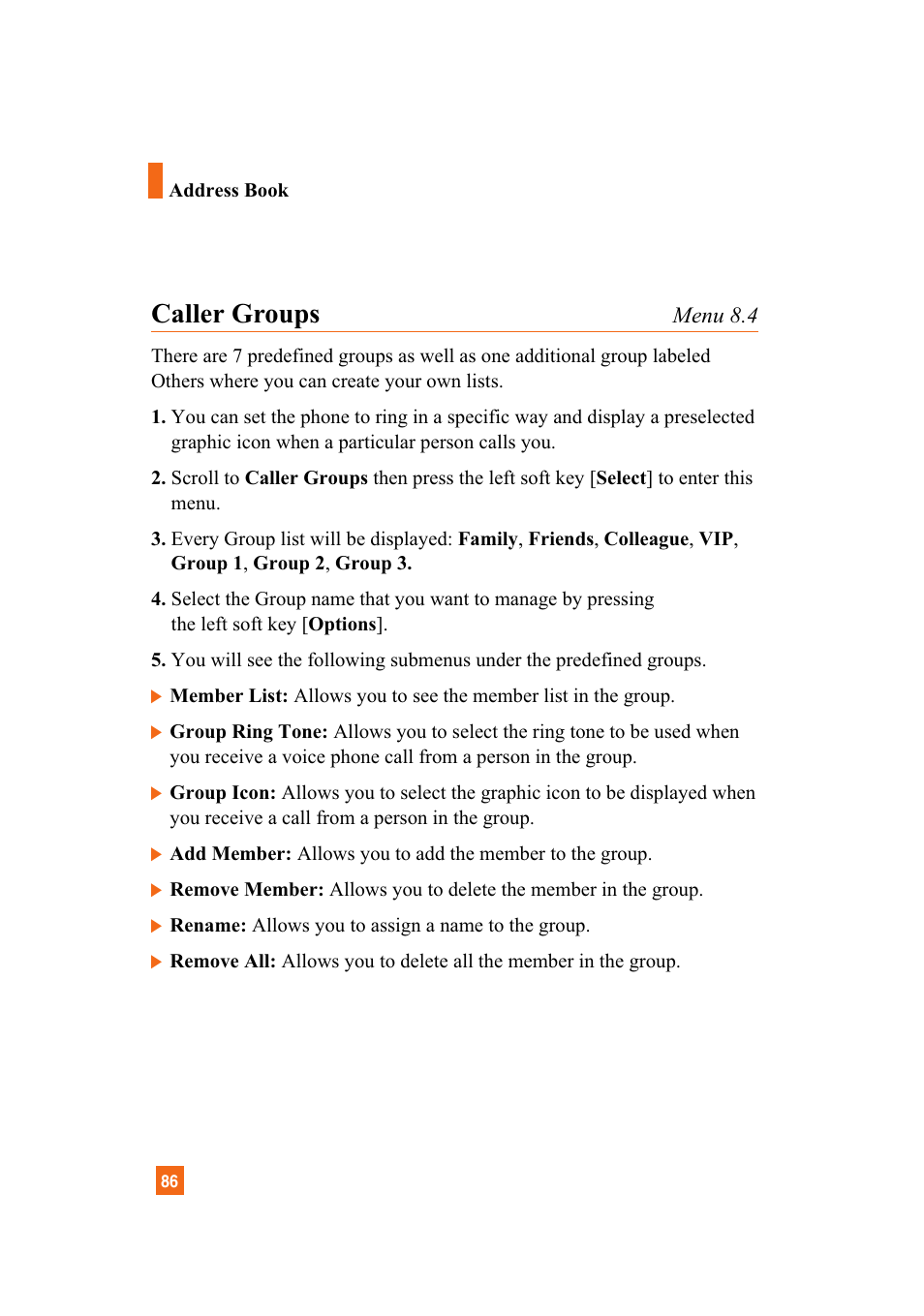 Caller groups | LG A7110 User Manual | Page 88 / 262