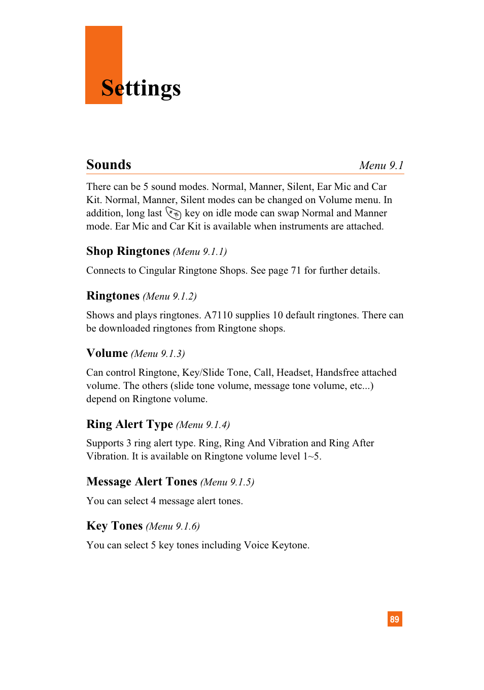 Settings, Sounds | LG A7110 User Manual | Page 91 / 262