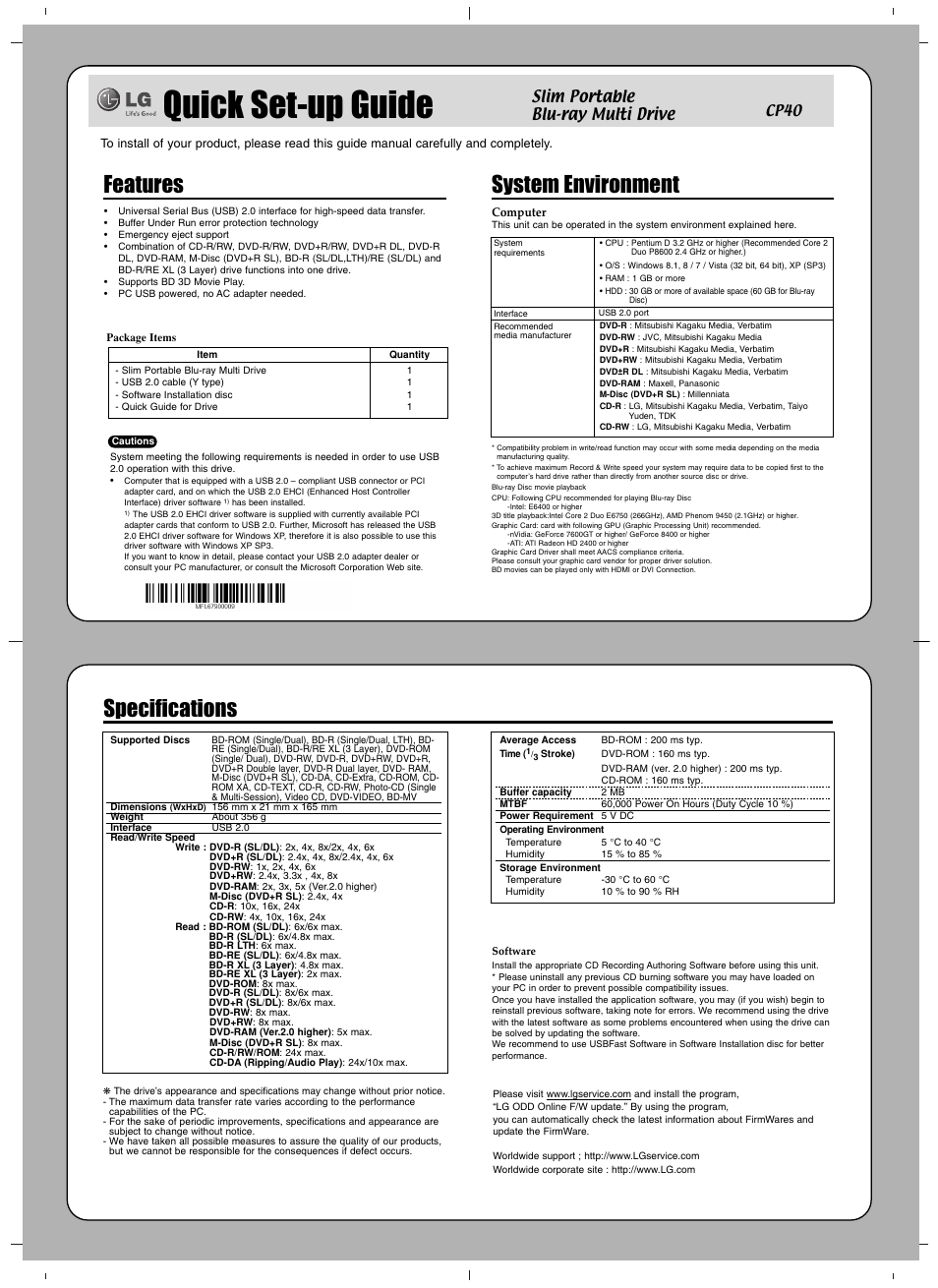 Quick set-up guide, Features, System environment | Specifications, Slim portable blu-ray multi drive | LG CP40NG10 User Manual | Page 3 / 4